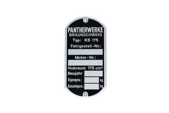 Typenschild für Pantherwerke Braunschweig KS 175