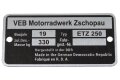 Typenschild für MZ ETZ 250 mit Schlagzahlen und Kerbnägeln