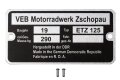 Typenschild für MZ ETZ 125 mit Schlagzahlen und Kerbnägeln