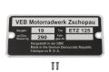 Typenschild f&uuml;r MZ ETZ 125 mit Schlagzahlen und Kerbn&auml;geln