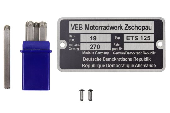 Typenschild für MZ ETS 125 mit Schlagzahlen und Kerbnägeln