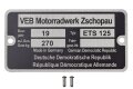 Typenschild für MZ ETS 125 mit Schlagzahlen und Kerbnägeln