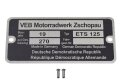 Typenschild f&uuml;r MZ ETS 125 mit Schlagzahlen und Kerbn&auml;geln
