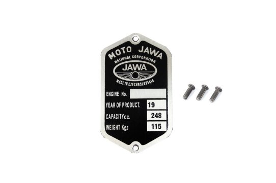 Typenschild für JAWA - Typ "MOTO JAWA" - beschriftet, mit Kerbnägeln