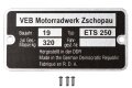 Typenschild für MZ ETS 250 mit Kerbnägeln