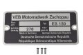 Typenschild für MZ ES 150 mit Kerbnägeln