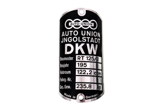 Typenschild für DKW RT 125/2