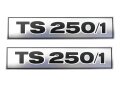 Schriftzug, Aufkleber zum Seitendeckel f&uuml;r MZ TS 250/1 - schwarz auf chrom - Paar