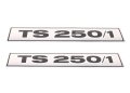 Schriftzug, Aufkleber zum Seitendeckel f&uuml;r MZ TS 250/1 - schwarz auf chrom - Paar