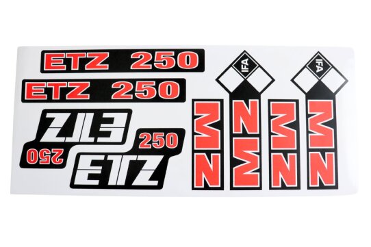 Schriftzug, Aufkleber Komplettsatz für MZ ETZ 250 - 8-teilig, rot