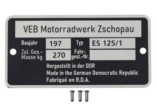 Typenschild für MZ ES 125/1 mit Kerbnägeln