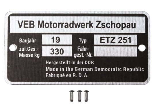 Typenschild für MZ ETZ 251 mit Kerbnägeln