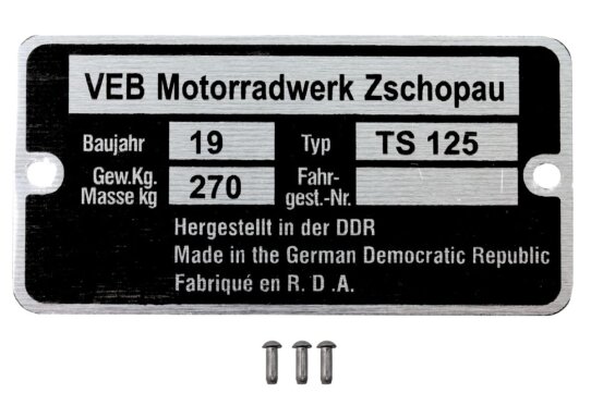 Typenschild für MZ TS 125 mit Kerbnägeln