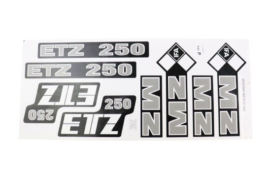 Schriftzug, Aufkleber Komplettsatz für MZ ETZ 250 - 8-teilig, silber