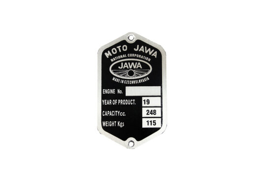 Typenschild für JAWA - Typ "MOTO JAWA", beschriftet