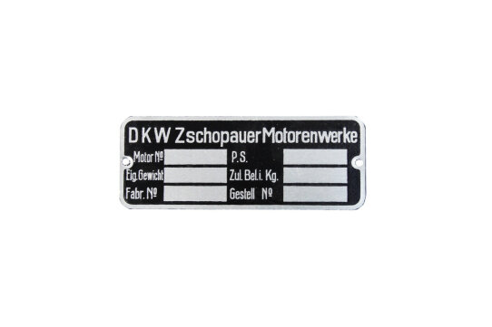Typenschild für DKW - Zschopauer Motorenwerke