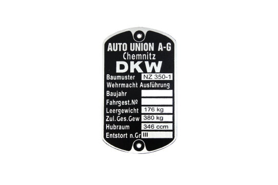Typenschild für DKW NZ 350-1 - Wehrmacht...